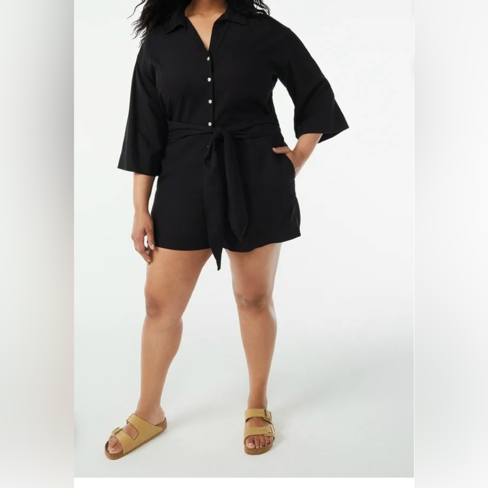 Black Romper with Flared Sleeves and Tied Waist